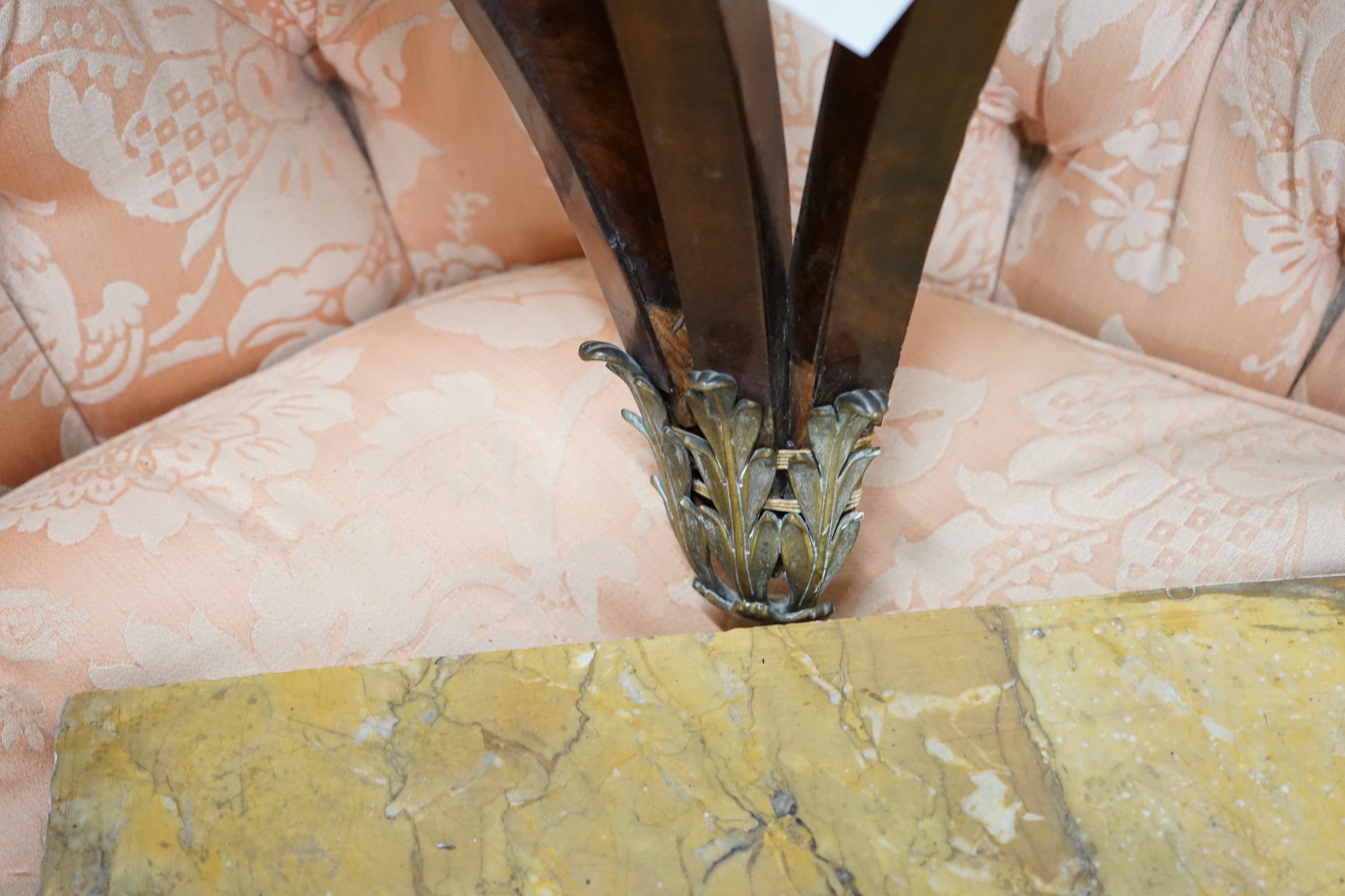 A pair of 19th century gilt metal mounted marble top mahogany bow front corner console tables, width 52cm, depth 36cm, height 60cm